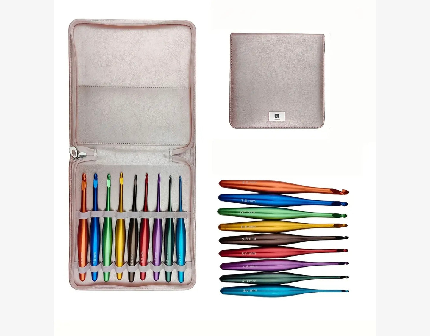 Set Of 9 Aluminum Ergonomic Crochet Hooks With Case High Quality Sized 3.5 - 8.0