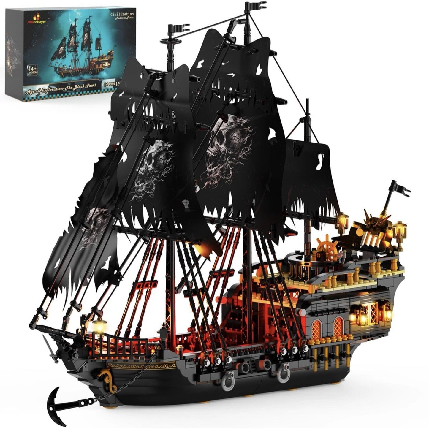 Pirate Ship Building Block Black Toy Set with Lights Pearl Model Boat Kit NIB