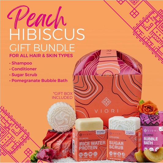 VIORI Peach Hibiscus Shampoo Conditioner Exfoliate Bubble Bath Boxed Gift Set
