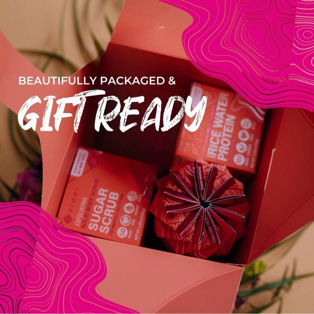 VIORI Peach Hibiscus Shampoo Conditioner Exfoliate Bubble Bath Boxed Gift Set