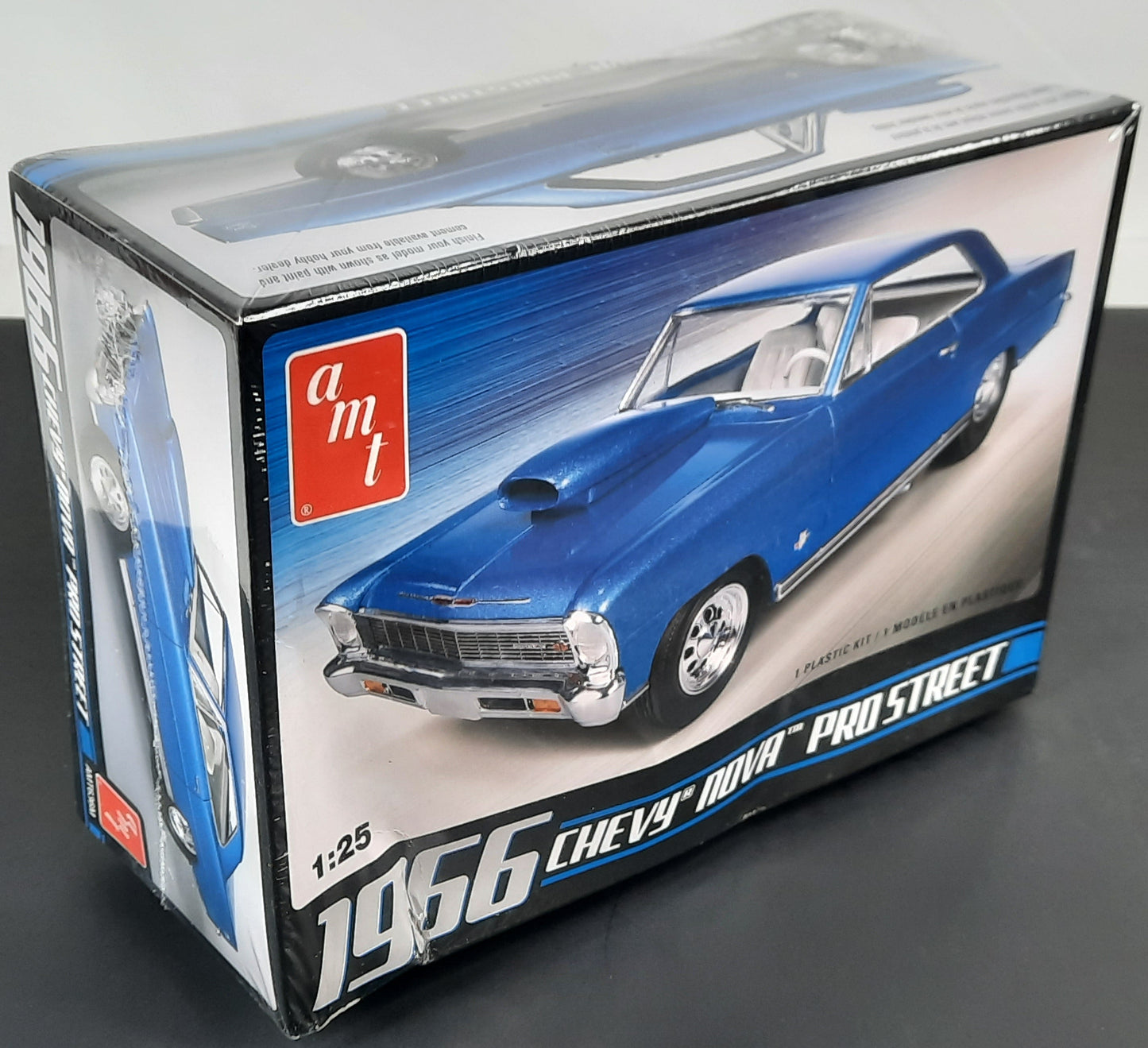 Model car kit box for a 1966 Chevy Nova Pro Street on a gray background