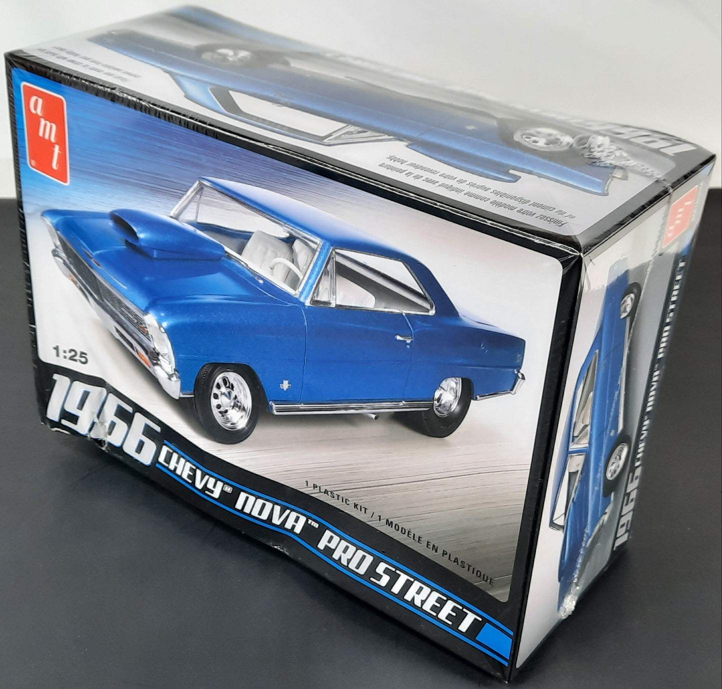 Model car kit box for a 1966 Chevy Nova Pro Street on a gray background