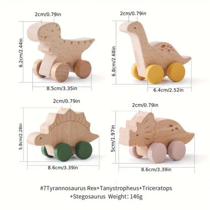 Wooden Dinosaurs Cars Vehicles 4 Piece Toy Set Toddler Eye Hand Coordination