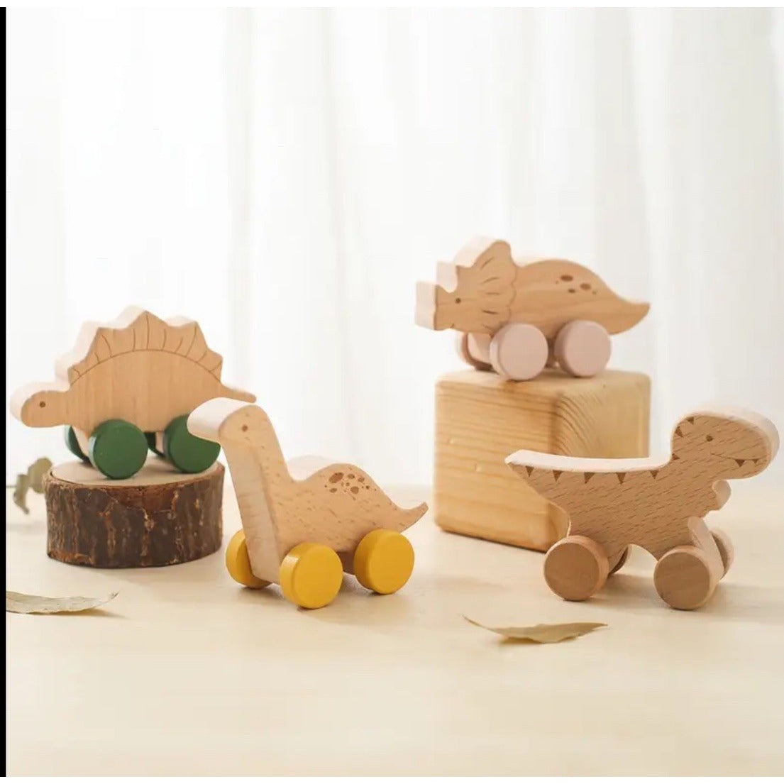 Wooden Dinosaurs Cars Vehicles 4 Piece Toy Set Toddler Eye Hand Coordination