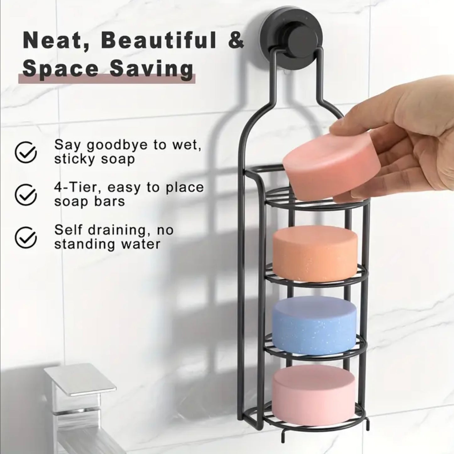 4 Tier Bar Soap Holder 1 Piece Metal Suction Cup Bathroom Shampoo Organizer