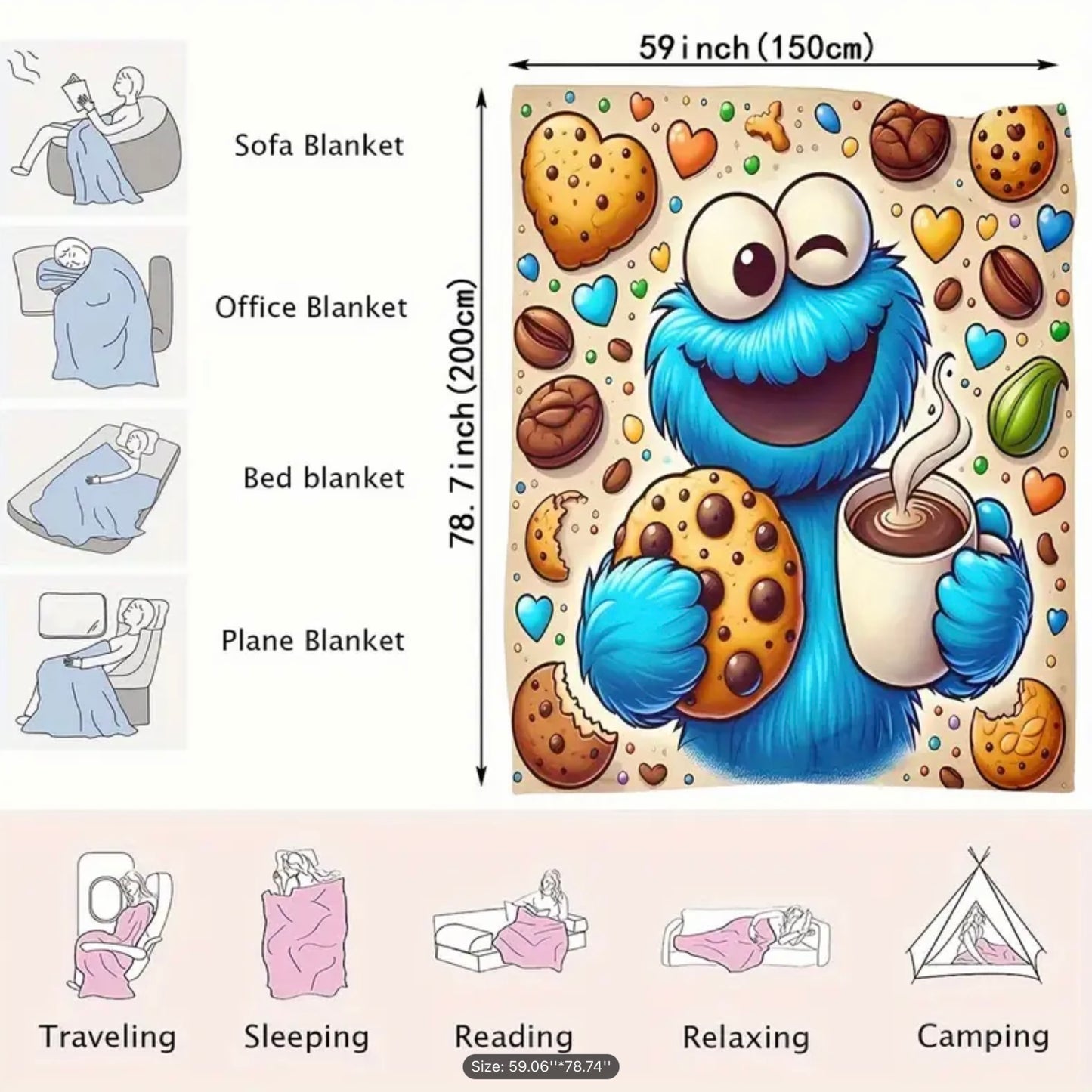 Cookie Monster Hot Cocoa Fleece Blanket 59” x 79” Large Throw Movie Night