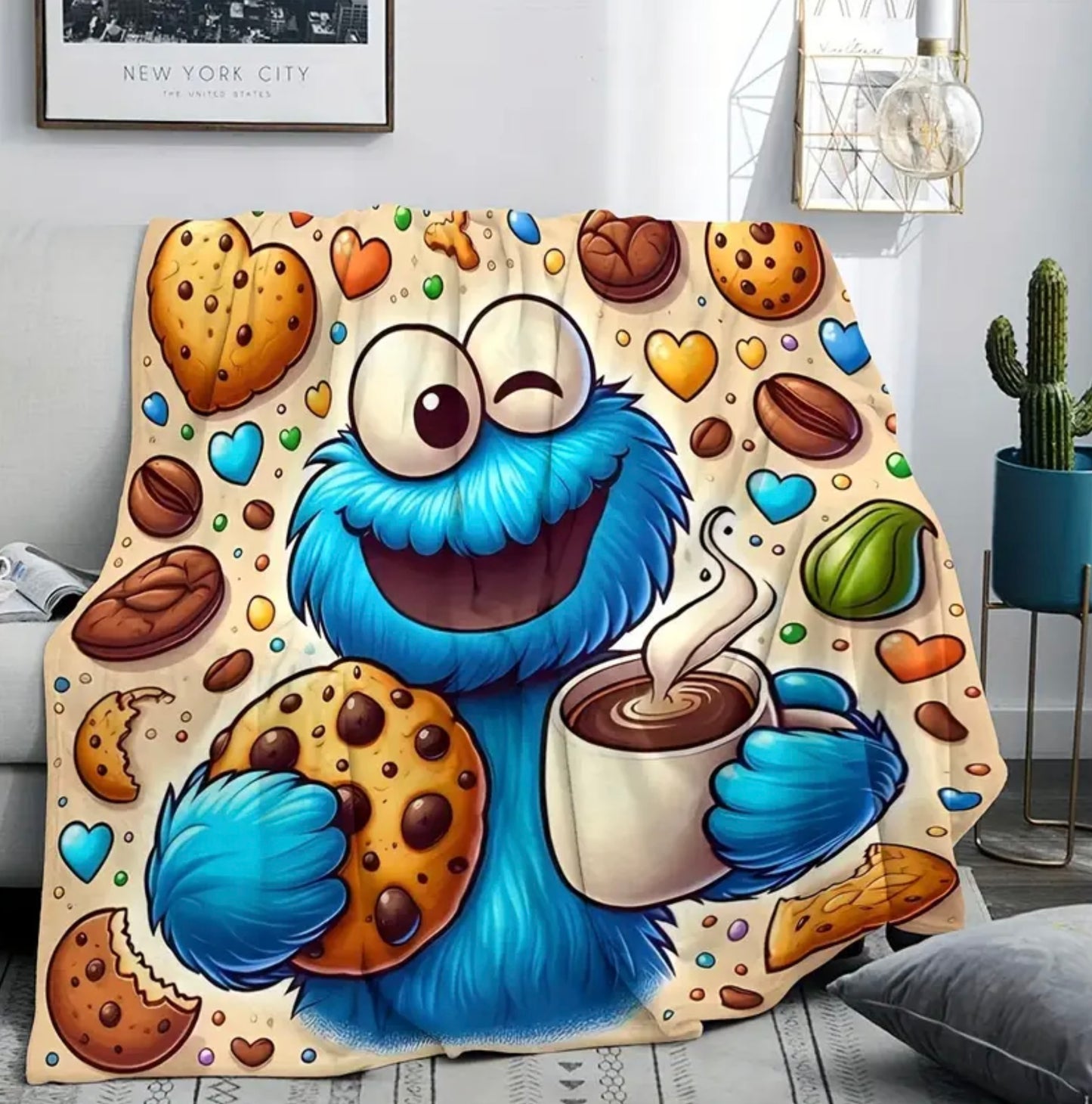 Cookie Monster Hot Cocoa Fleece Blanket 59” x 79” Large Throw Movie Night