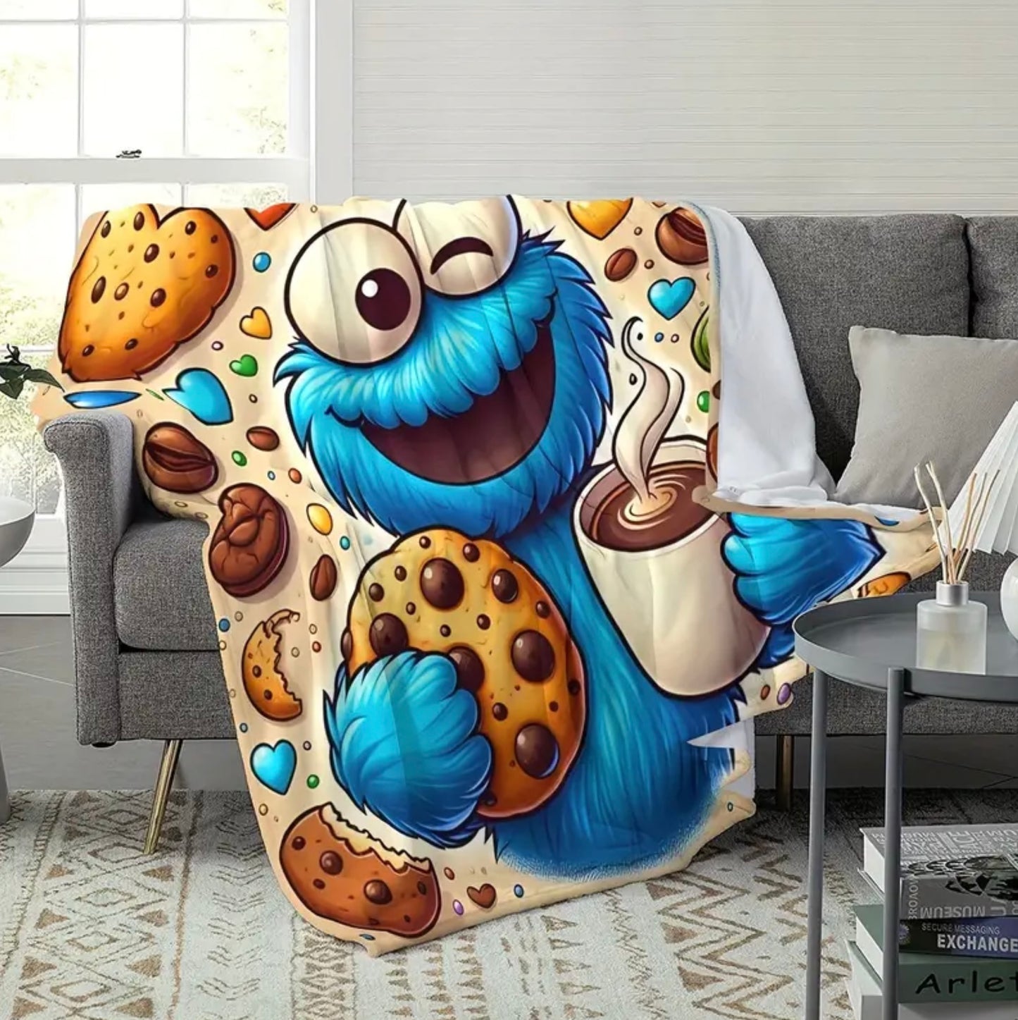 Cookie Monster Hot Cocoa Fleece Blanket 59” x 79” Large Throw Movie Night