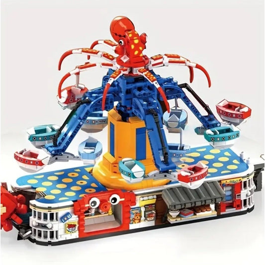 MOC  Amusement Park Fair Ride Octopus Spinning Motorized Building Block Set Box