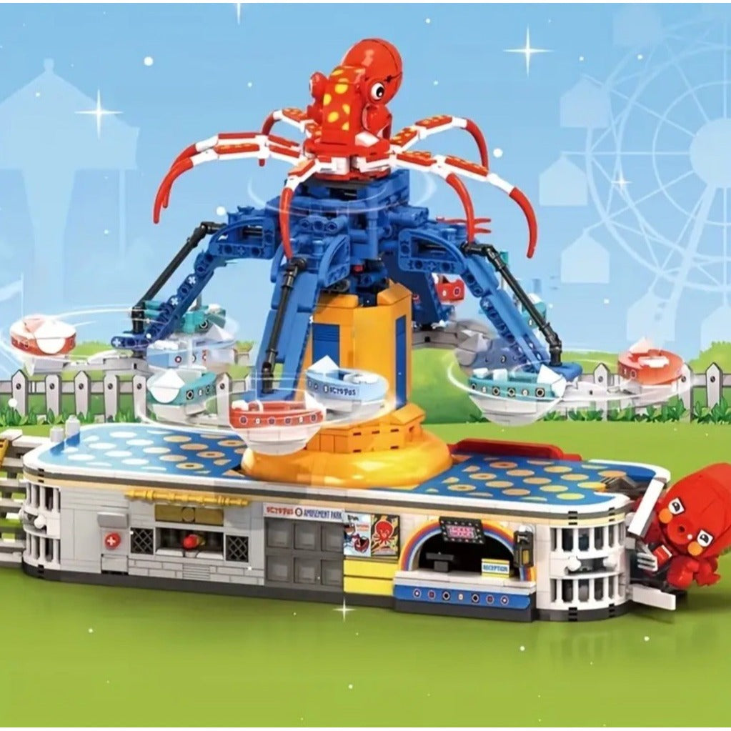 MOC  Amusement Park Fair Ride Octopus Spinning Motorized Building Block Set Box