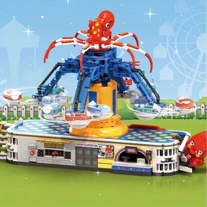 MOC  Amusement Park Fair Ride Octopus Spinning Motorized Building Block Set Box