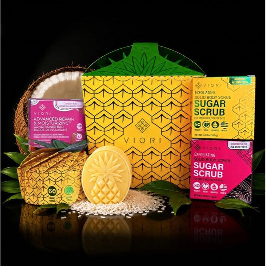 VIORI Pina Colada Shampoo Conditioner Exfoliate Wash Full Sized Bars Gift Set