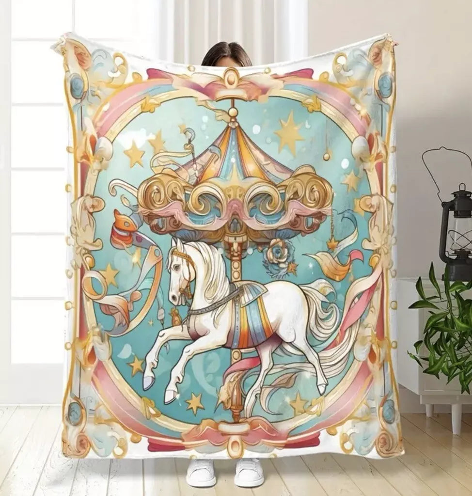 Carousel Horse Fleece Blanket 59” x 79” Large Throw Movie Night