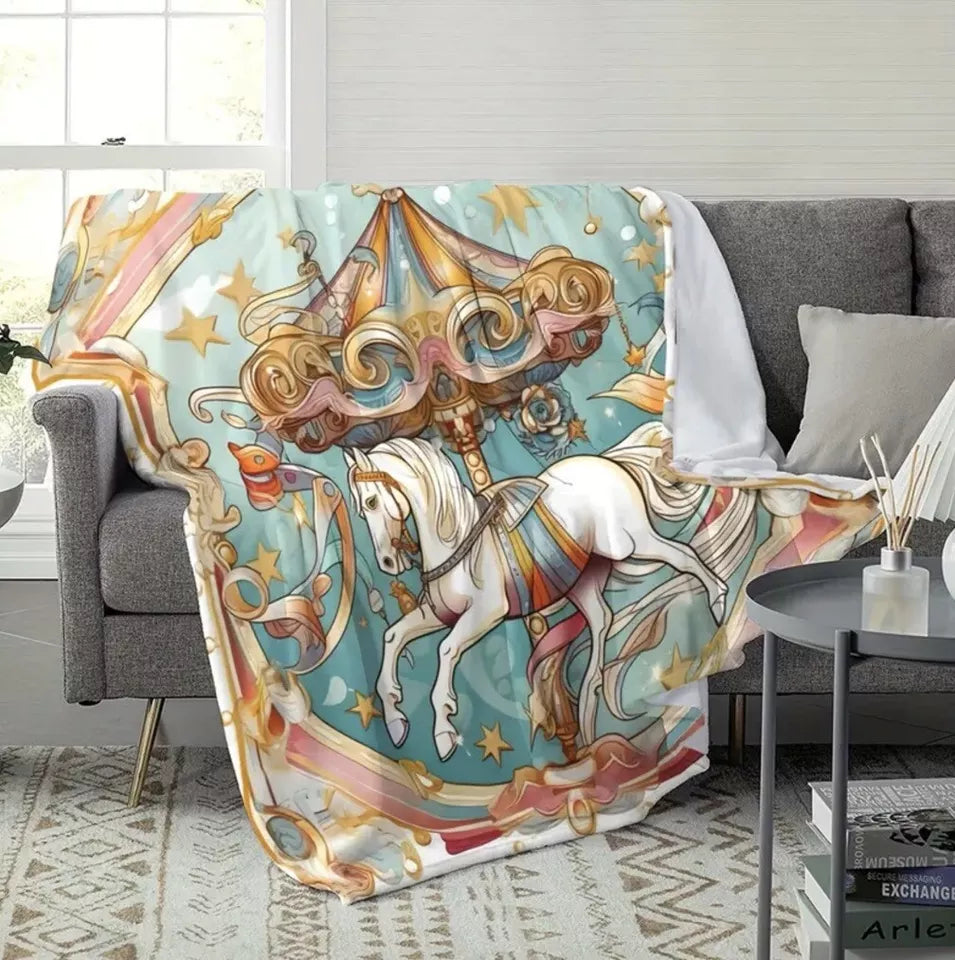 Carousel Horse Fleece Blanket 59” x 79” Large Throw Movie Night